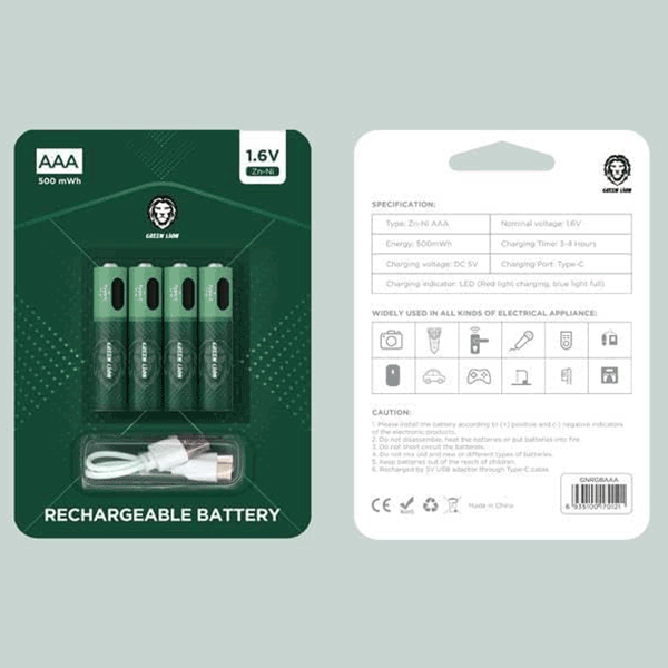 پک چهارتایی باتری نیم قلمی قابل شارژ گرین لاین AAA 1.6V Alkaline Battery