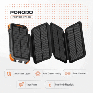 پاوربانک خورشیدی ۲۰۰۰۰ میلی‌آمپر پرودو 4-Panel Solar – مشکی